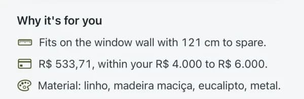 Why it's for you: fits on the window wall with 121 cm to spare. R$ 533,71, within your R$ 4.000 to R$ 6.000. Material: linen, solid wood, eucalyptus, metal.