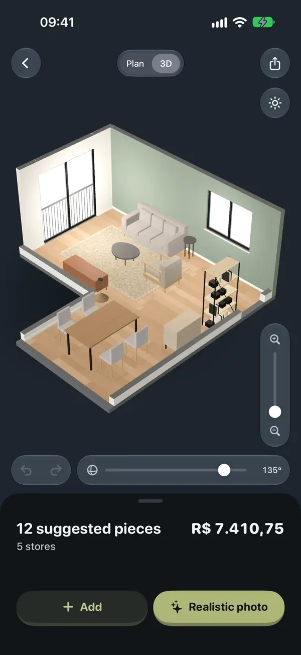 Curvinha's 3D view of the sample living room, furnished with 12 suggested pieces from 5 stores.