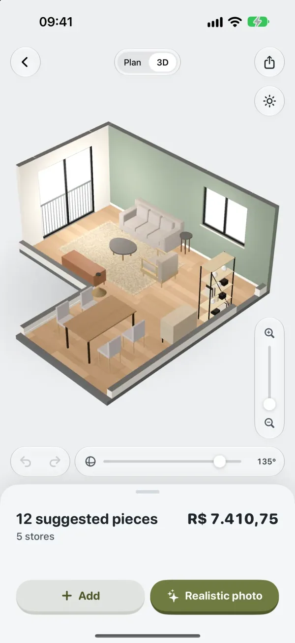 Curvinha's 3D view of the sample living room, furnished with 12 suggested pieces from 5 stores.