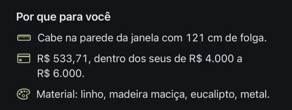 Por que para você: cabe na parede da janela com 121 cm de folga. R$ 533,71, dentro dos seus R$ 4.000 a R$ 6.000. Material: linho, madeira maciça, eucalipto, metal.
