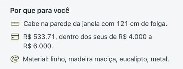 Por que para você: cabe na parede da janela com 121 cm de folga. R$ 533,71, dentro dos seus R$ 4.000 a R$ 6.000. Material: linho, madeira maciça, eucalipto, metal.