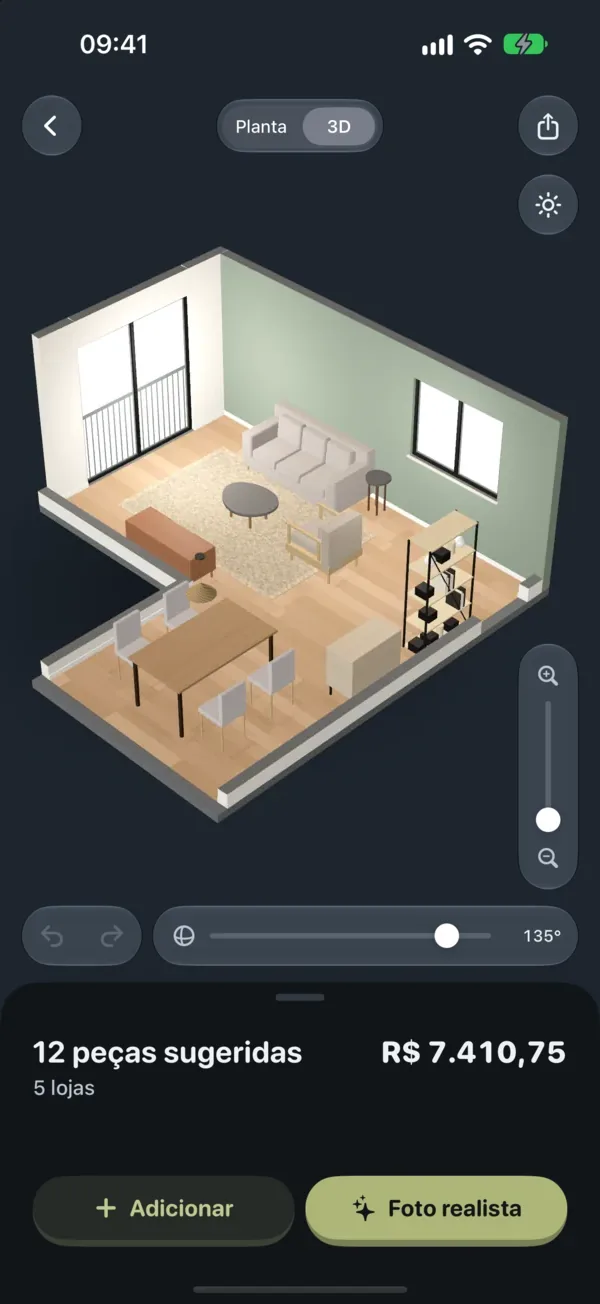Vista 3D da sala de exemplo na Curvinha, mobiliada com 12 peças sugeridas de 5 lojas.