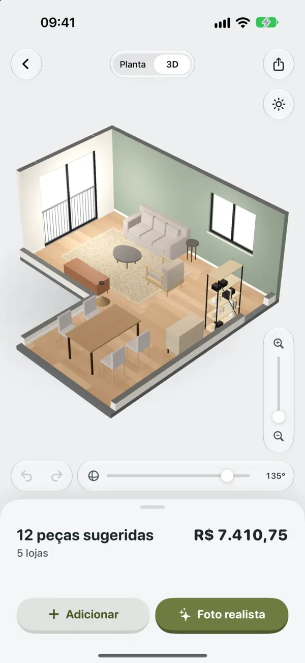 Vista 3D da sala de exemplo na Curvinha, mobiliada com 12 peças sugeridas de 5 lojas.